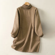 Buddha Stones Winter High Neck Warm Cotton Women's Long Sleeve Midi Dress With Pockets - BurlyWood - US14，UK/AU18，EU46 (2XL) - image 1