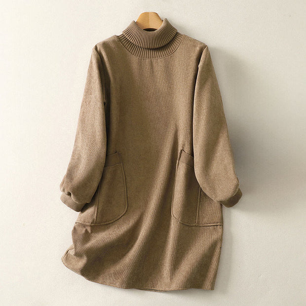 Buddha Stones Winter High Neck Warm Cotton Women's Long Sleeve Midi Dress With Pockets - BurlyWood - US14，UK/AU18，EU46 (2XL) - image 1