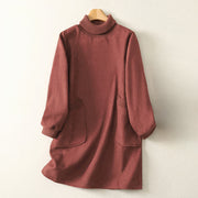 Buddha Stones Winter High Neck Warm Cotton Women's Long Sleeve Midi Dress With Pockets - Salmon - US14，UK/AU18，EU46 (2XL) - image 6