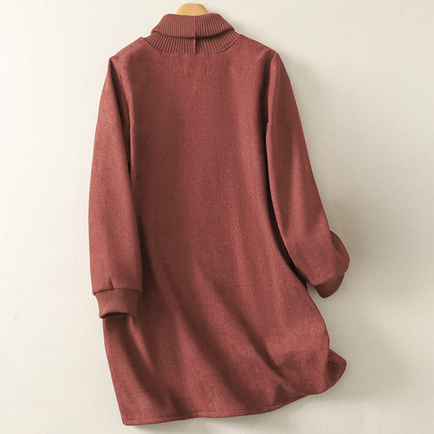 Buddha Stones Winter High Neck Warm Cotton Women's Long Sleeve Midi Dress With Pockets - image 7