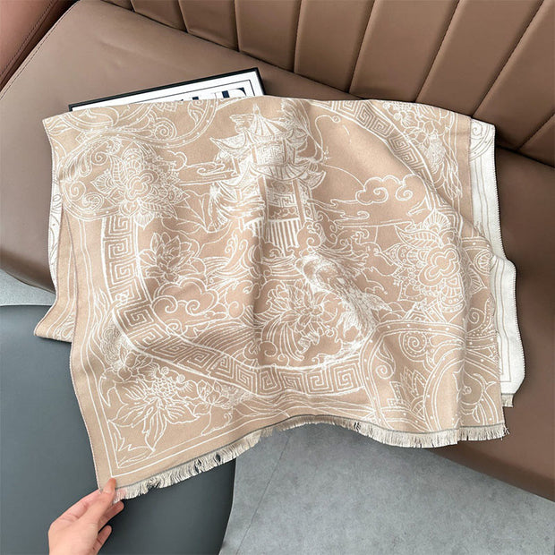 Buddha Stones Fall Pavilion Koi Fish Flowers Waves Pattern Cozy Scarf Shawl - PapayaWhip - 180*65cm - image 13