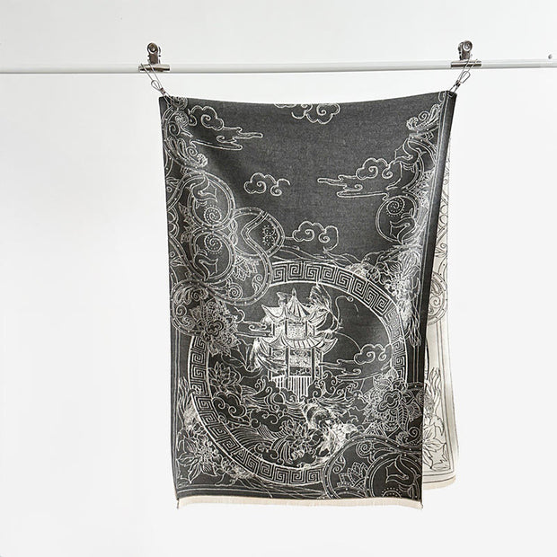 Buddha Stones Fall Pavilion Koi Fish Flowers Waves Pattern Cozy Scarf Shawl - image 3