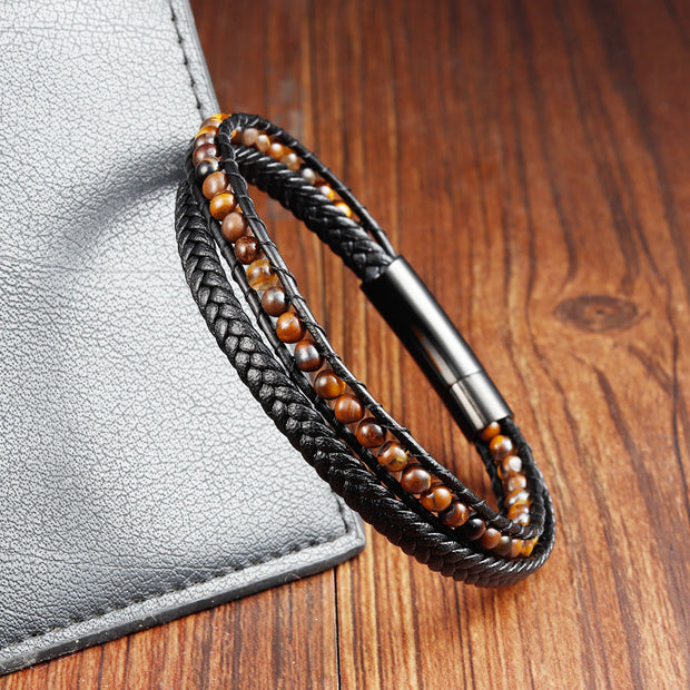 Buddha Stones Tiger Eye Titanium Steel Protection Strengthen Leather Bracelet - image 4