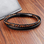 Buddha Stones Tiger Eye Titanium Steel Protection Strengthen Leather Bracelet - image 1