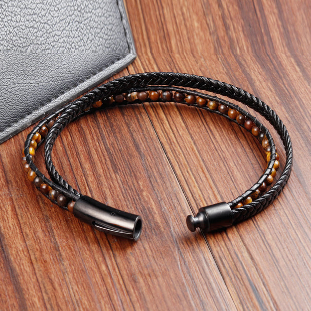 Buddha Stones Tiger Eye Titanium Steel Protection Strengthen Leather Bracelet - image 3