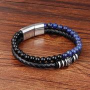Buddha Stones Black Onyx Lazurite Titanium Steel Fortune Calm Leather Bracelet - image 1