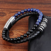 Buddha Stones Black Onyx Lazurite Titanium Steel Fortune Calm Leather Bracelet - image 3