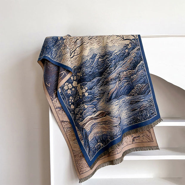 Buddha Stones Winter Gradient Color Warm Hills Trees Pattern Cozy Scarf Shawl - SteelBlue - 185*65cm - image 7