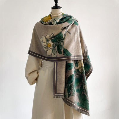 Buddha Stones Winter White Magnolia Flowers Little Bird Pattern Warm Cozy Scarf Shawl - DarkCyan - 185*65cm - image 0