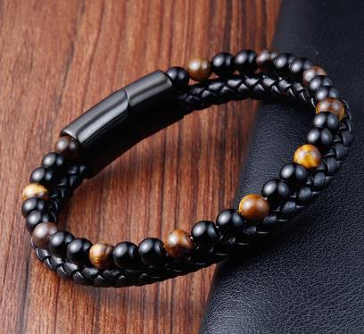 Buddha Stones Black Onyx Tiger Eye Titanium Steel Leather Protection Bracelet - Yellow Stone(Wrist Circumference: 18-19cm) - image 7