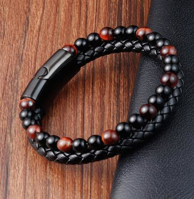 Buddha Stones Black Onyx Tiger Eye Titanium Steel Leather Protection Bracelet - Red Stone(Wrist Circumference: 18-19cm) - image 0