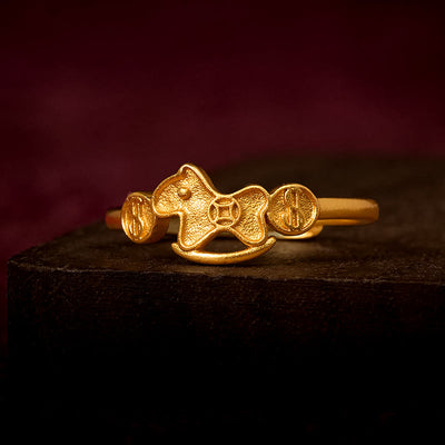 Buddha Stones Year Of The Horse 24k Gold Plated Brass Copper Coin Adjustable Ring - Adjustable - image 0