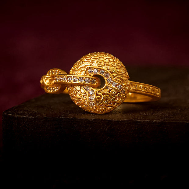 Buddha Stones Hollow Carved Design Peace Buckle Copper Adjustable Wealth Ring - Adjustable - image 0