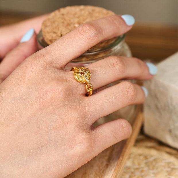 FREE Today: Peace Fortune 24k Gold Plated Brass Hollow Carved Design Peace Buckle Adjustable Ring - image 5