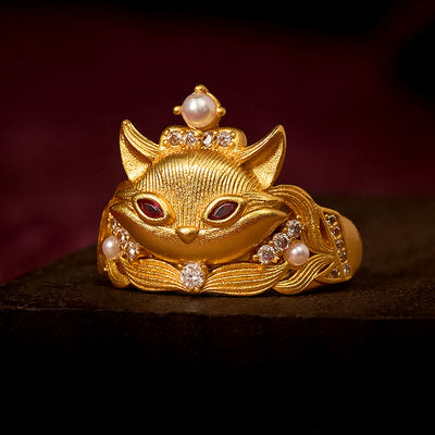 Buddha Stones Fox Head Design 24k Gold Plated Brass Adjustable Ring - Adjustable - image 0