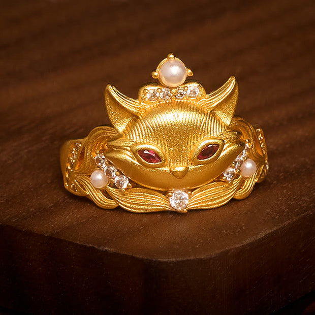 Buddha Stones Fox Head Design 24k Gold Plated Brass Adjustable Ring - image 1