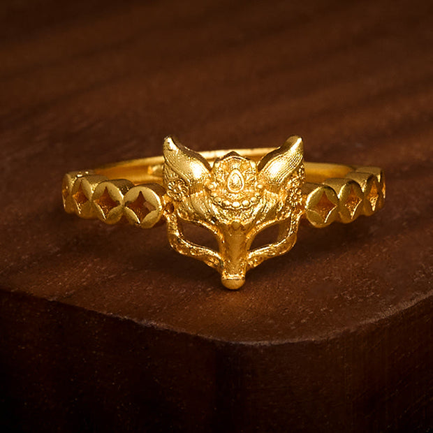 Buddha Stones Fox Copper Coin Hollow Design Copper Wealth Adjustable Ring - image 1