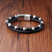 Buddha Stones Black Onyx Grey Jasper Titanium Steel Stability Leather Bracelet - image 1