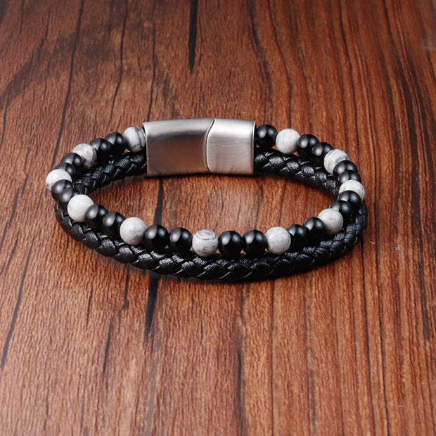Buddha Stones Black Onyx Grey Jasper Titanium Steel Stability Leather Bracelet - image 1
