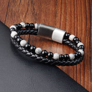 Buddha Stones Black Onyx Grey Jasper Titanium Steel Stability Leather Bracelet - image 2