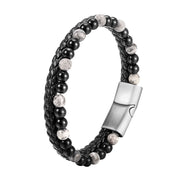 Buddha Stones Black Onyx Grey Jasper Titanium Steel Stability Leather Bracelet - image 9