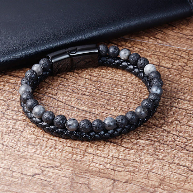 Buddha Stones Lava Rock Titanium Steel Calm Stimulation Leather Bracelet - image 1