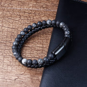 Buddha Stones Lava Rock Titanium Steel Calm Stimulation Leather Bracelet - image 2