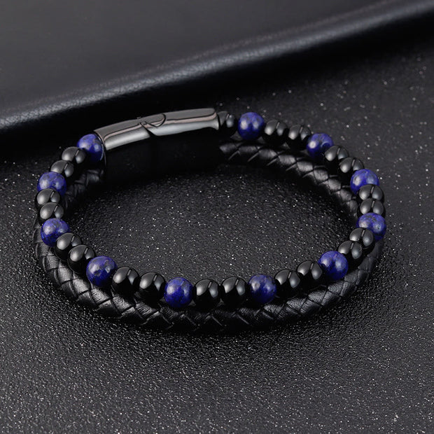 Buddha Stones Black Onyx Lazurite Titanium Steel Positive Self Care Leather Bracelet - image 3
