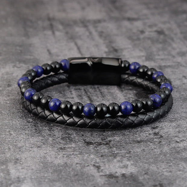 Buddha Stones Black Onyx Lazurite Titanium Steel Positive Self Care Leather Bracelet - image 1