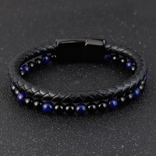 Buddha Stones Black Onyx Lazurite Titanium Steel Positive Self Care Leather Bracelet - image 11