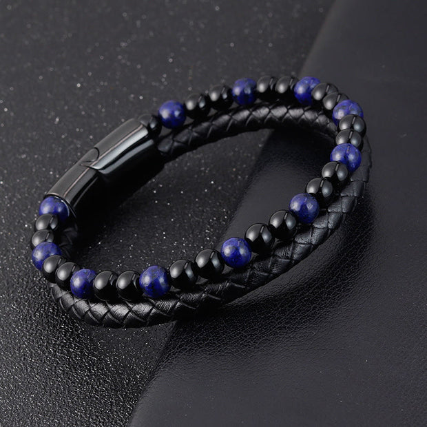 Buddha Stones Black Onyx Lazurite Titanium Steel Positive Self Care Leather Bracelet - image 4