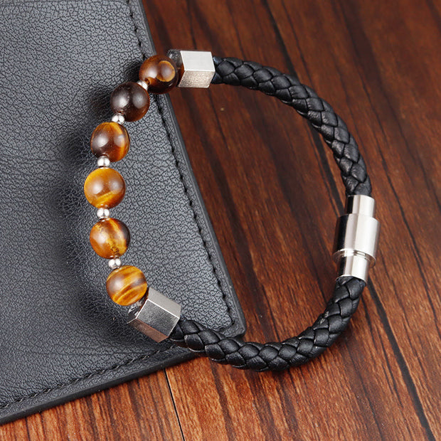 Buddha Stones Tiger Eye Titanium Steel Courage Balance Leather Bracelet - image 3