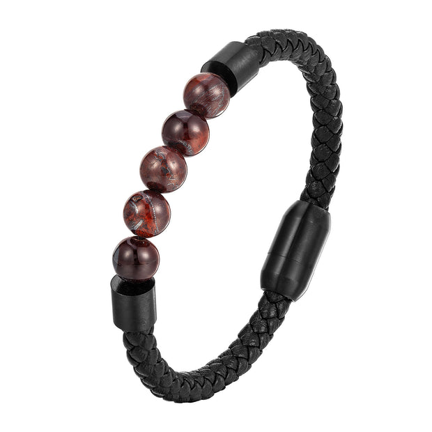 Buddha Stones Frosted Stone Lava Rock Tiger Eye Titanium Steel Calm Stimulation Leather Bracelet - Lava Rock(Wrist Circumference: 18-19cm) - image 4