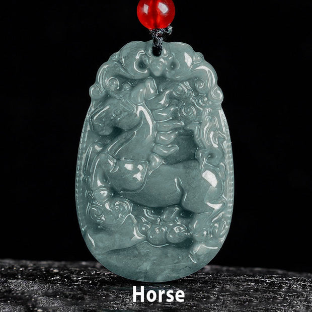 Buddha Stones Chinese Zodiac Jade Year of the Horse Luck Rope Necklace Pendant - image 1