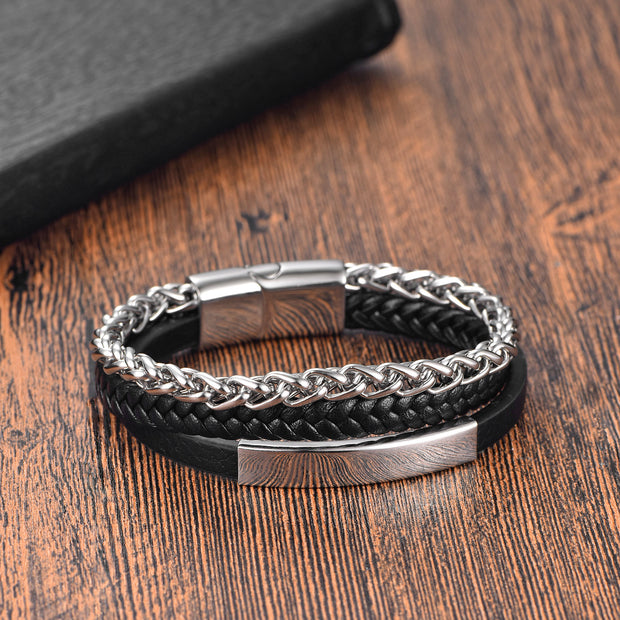 Buddha Stones Titanium Steel Balance Calm Leather Woven Bracelet - White(Wrist Circumference: 18-19cm) - image 0