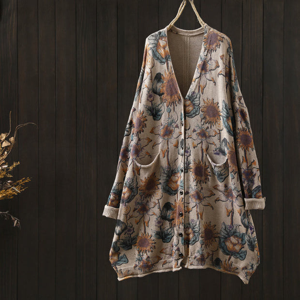 Buddha Stones Sunflower Mid-length Buttons Women's Long Sleeve Knitted Cardigan Sweater With Pockets - Beige - US4-8/10，UK/AU8-12/14，EU36-40/42 (F) - image 17