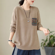 Buddha Stones Fall Floral Decorative Pocket Pattern Knitted Cotton Women's Long Sleeve Sweater - Wheat - US4-6，UK/AU8-10，EU36-38 (F) - image 3