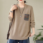 Buddha Stones Fall Floral Decorative Pocket Pattern Knitted Cotton Women's Long Sleeve Sweater - image 5