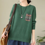 Buddha Stones Fall Floral Decorative Pocket Pattern Knitted Cotton Women's Long Sleeve Sweater - image 2