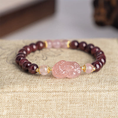 Buddha Stones Garnet Rose Quartz Strawberry Quartz Pixiu Lucky Bracelet - Garnet Pink Crystal(Wrist Circumference: 16-17cm) - image 0
