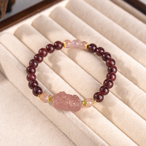 Buddha Stones Garnet Rose Quartz Strawberry Quartz Pixiu Lucky Bracelet - image 1