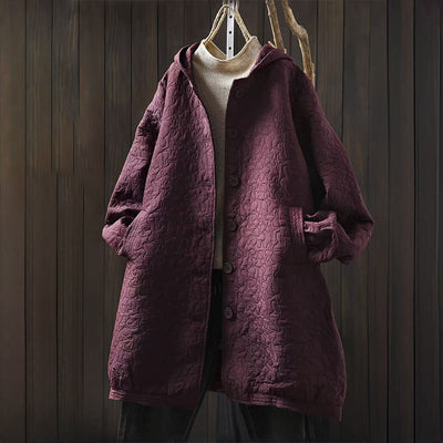 Buddha Stones Fall Buttons Long Sleeve Mid-length Jacquard Cotton Women's Jacket With Pockets - MediumVioletRed - US12，UK/AU16，EU44 (XL) - image 0
