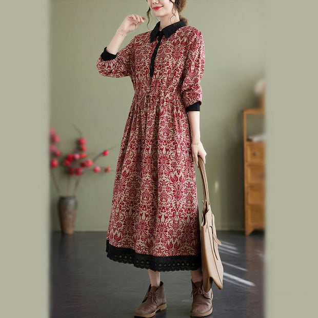 Buddha Stones Ethnic Printed Drawstring Long Sleeve Cotton Midi Dress With Pockets - image 8