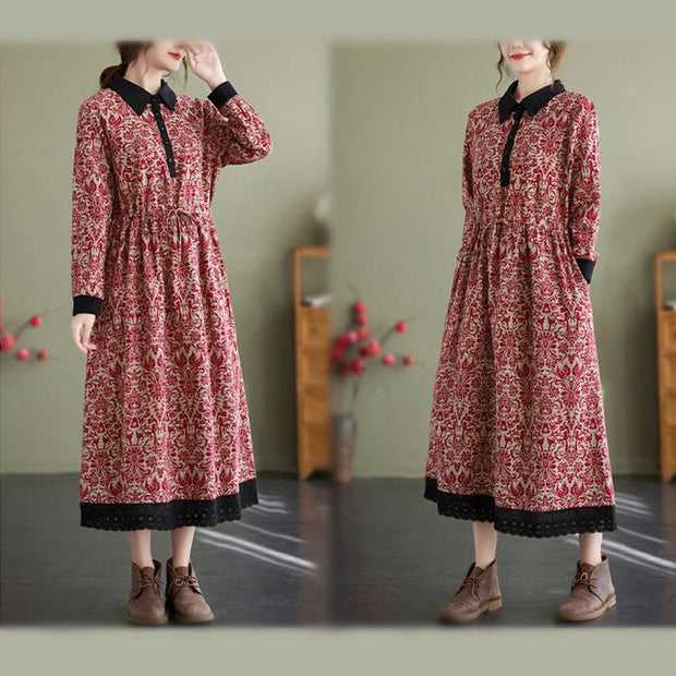 Buddha Stones Ethnic Printed Drawstring Long Sleeve Cotton Midi Dress With Pockets - image 9