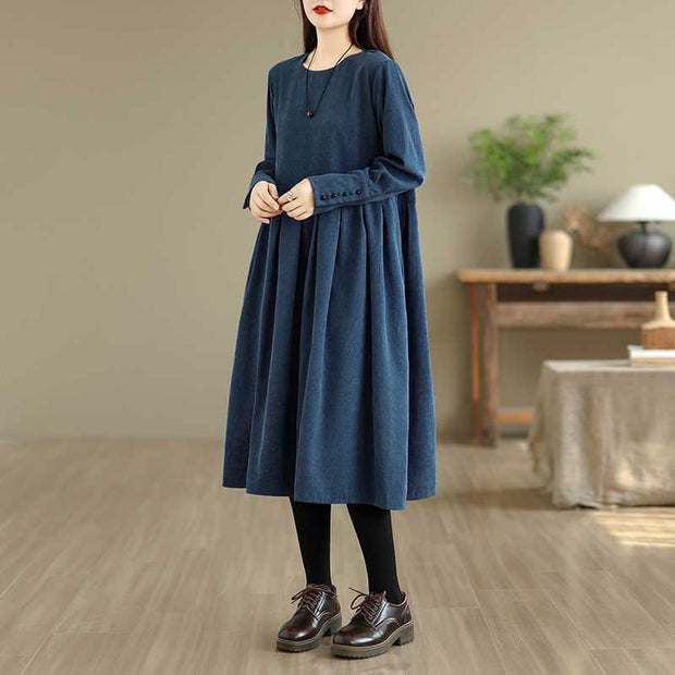 Buddha Stones Fall Plain DarkBlue Long Sleeve Corduroy Midi Dress With Pockets - image 5
