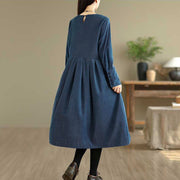 Buddha Stones Fall Plain DarkBlue Long Sleeve Corduroy Midi Dress With Pockets - image 6