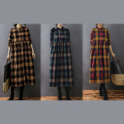 Buddha Stones Commute Patchwork Color Plaid Long Sleeve Cotton Midi Dress - image 22