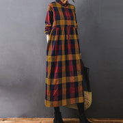 Buddha Stones Commute Patchwork Color Plaid Long Sleeve Cotton Midi Dress - image 18