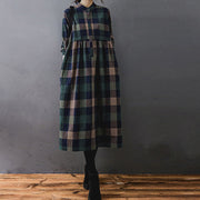 Buddha Stones Commute Patchwork Color Plaid Long Sleeve Cotton Midi Dress - image 3