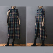 Buddha Stones Commute Patchwork Color Plaid Long Sleeve Cotton Midi Dress - image 5